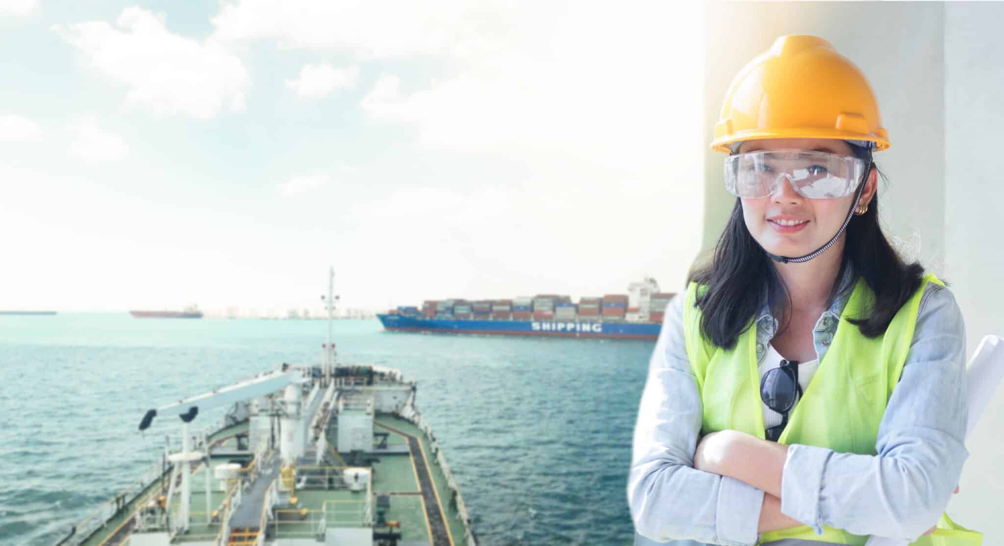 Double exposure of Engineering wearing yellow helmet and working at construction site about transportation of international logistics background.