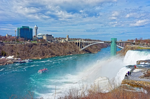 Niagara Falls, USA - April 30, 2015: Rainbow in Niagara Falls and Rainbow Bridge across the Niagara River Gorge. It is an arch bridge between the United States of America and Canada. Tourists nearby